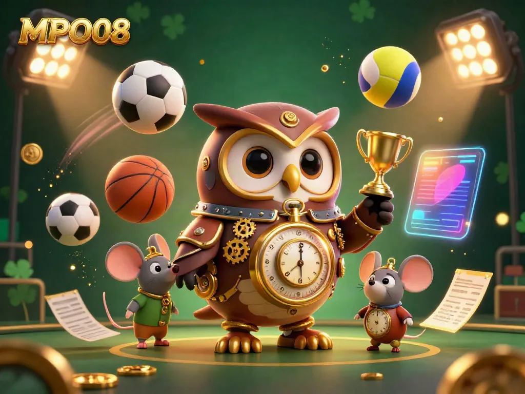 Engage in MPO08's thrilling gaming experience with a dynamic steampunk owl, clockwork mouse, and vibrant casino elements.