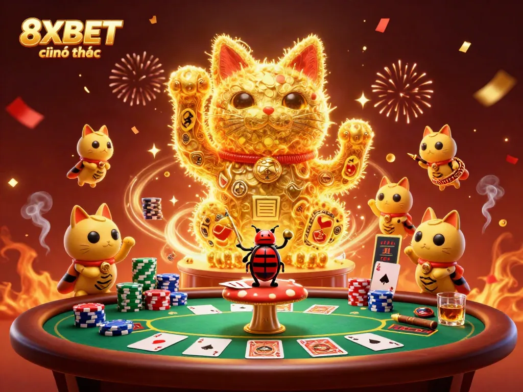 Capture the excitement at 8XBET chính thức with a dynamic tribute to a lucky cat surrounded by casino elements.