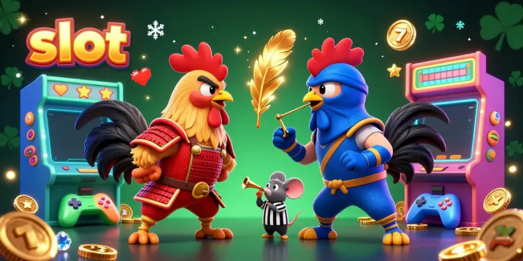 Experience the excitement of slot machines with colorful arcade themes and battling roosters.