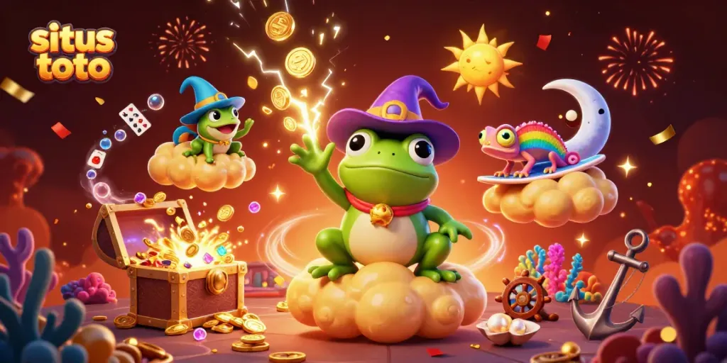 Engaging 3D scene depicting the situs toto with characters creating a treasure storm, surrounded by casino elements.