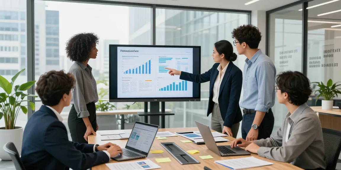 Business professionals discussing the process of buying a business in a modern office setting.