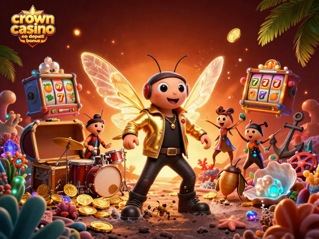 Crown coins casino no deposit bonus with vibrant casino-themed illustration showcasing a rock star cicada and treasure elements.