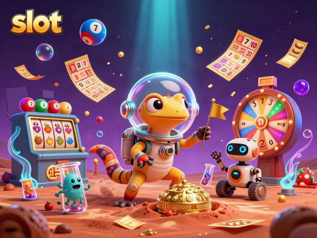 Spin vibrant slot machines with a Martian gecko exploring a golden casino on Mars.