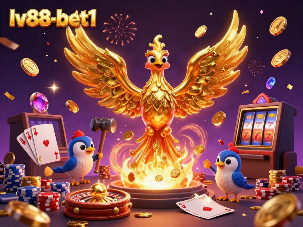 Experience high-energy gambling action with lv88-bet1's molten golden phoenix and vibrant casino elements.