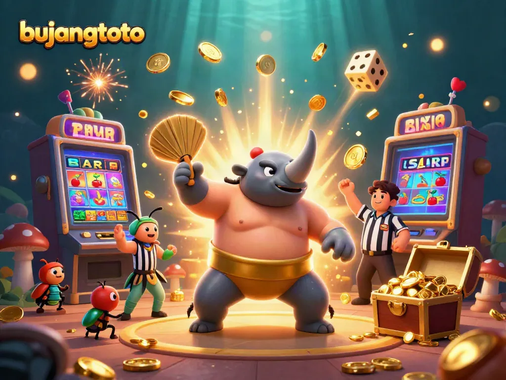 Experience the thrilling atmosphere of bujangtoto as a sumo beetle champion stomps and sends coins flying amidst exciting casino elements.