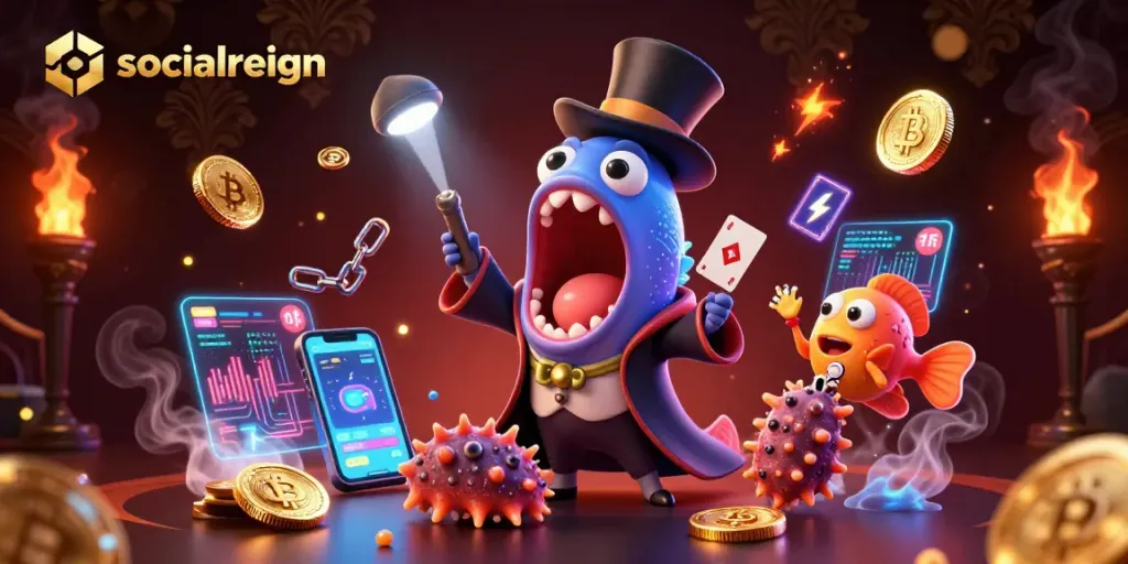 Engaging socialreign gaming scene with vibrant creatures showcasing card tricks amid crypto coins.