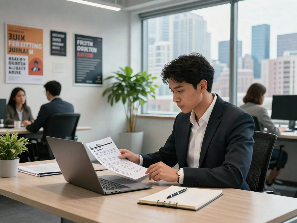 Individual seeking job opportunities, หางาน in a modern office setting with inspiring elements.