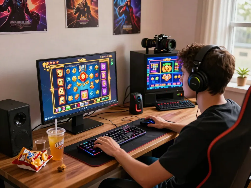 Engaged player experiencing slot maxwin excitement with vibrant screen and gaming setup.
