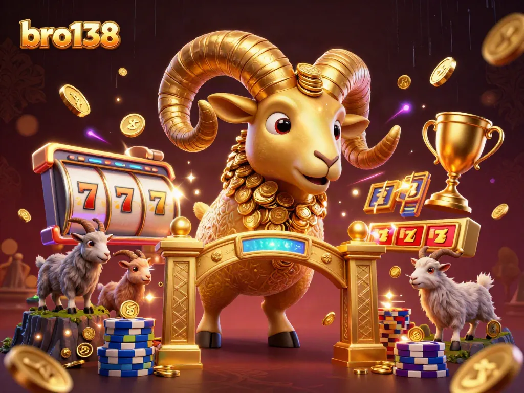Experience thrilling spins at bro138 with a vibrant illustration of golden ram charging at a casino gate.