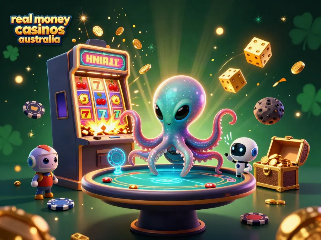Experience the thrill of real money casinos Australia with a vibrant alien-themed casino illustration.
