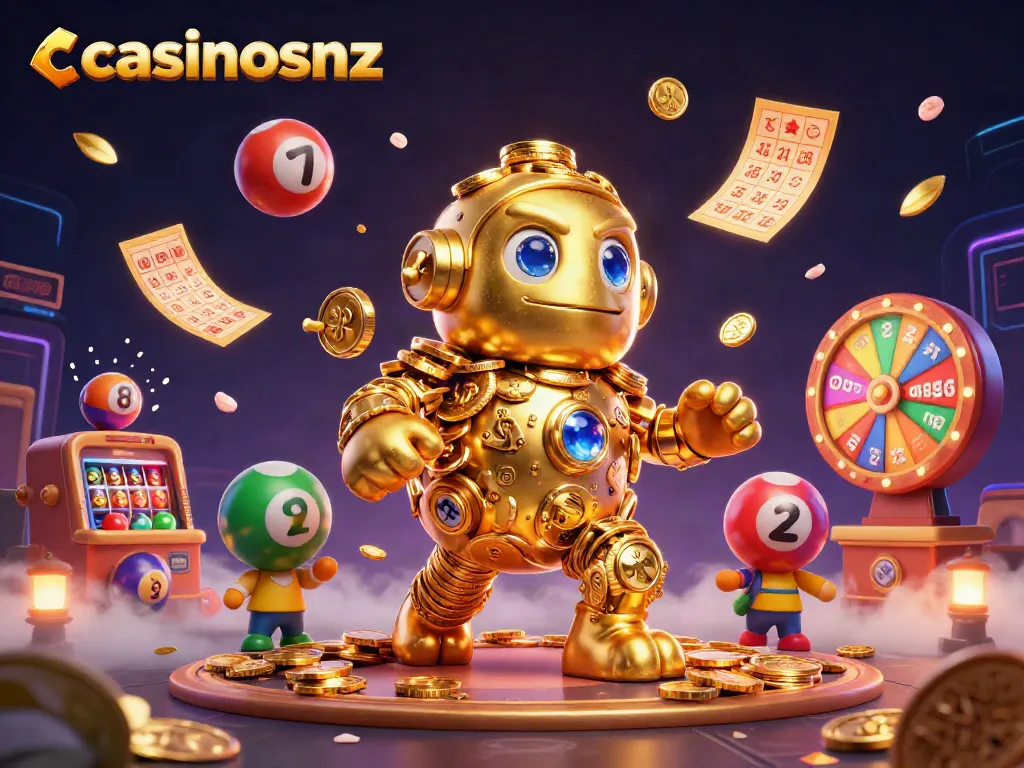 Engage with casinosnz's vibrant gaming scene, featuring a golden golem and dynamic symbols.
