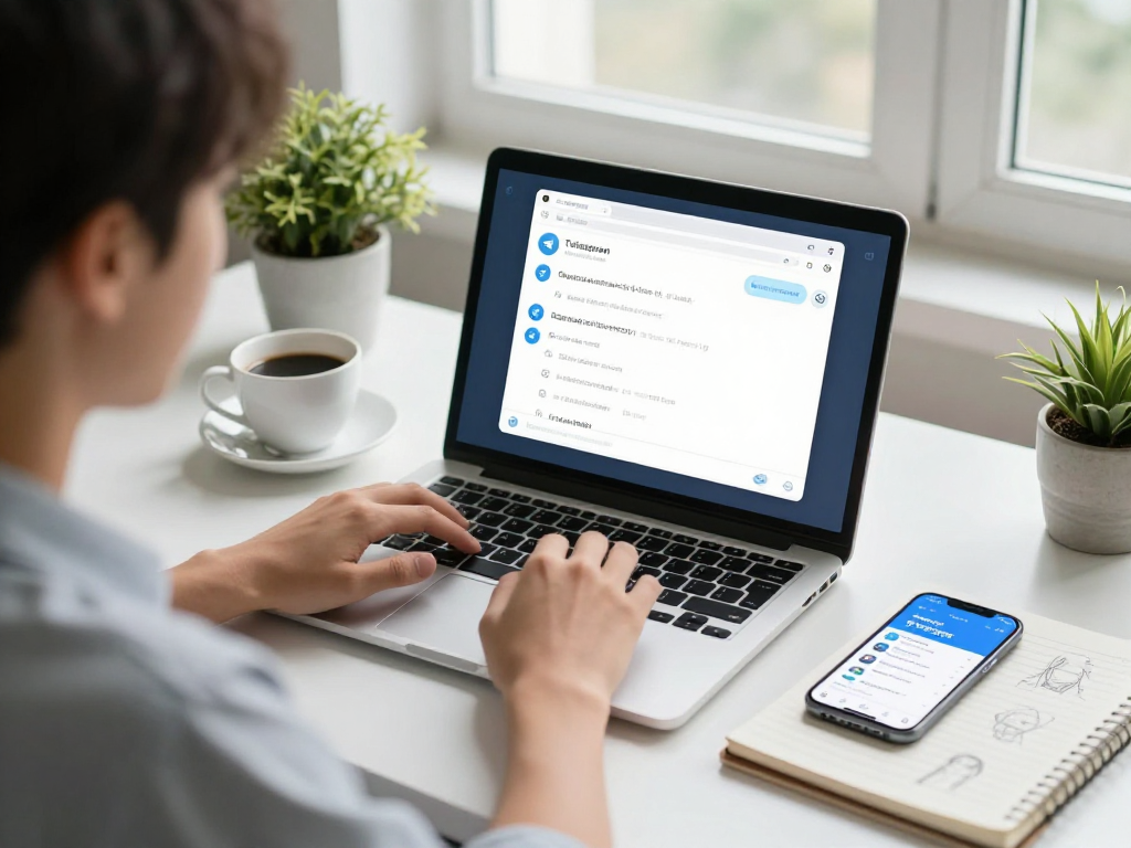 在现代办公环境中使用telegram 下载的专业人士，展示聊天界面及周围安静氛围