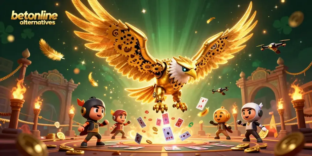 Experience thrilling betting action with betonline alternatives featuring a dynamic eagle amidst holographic cards.