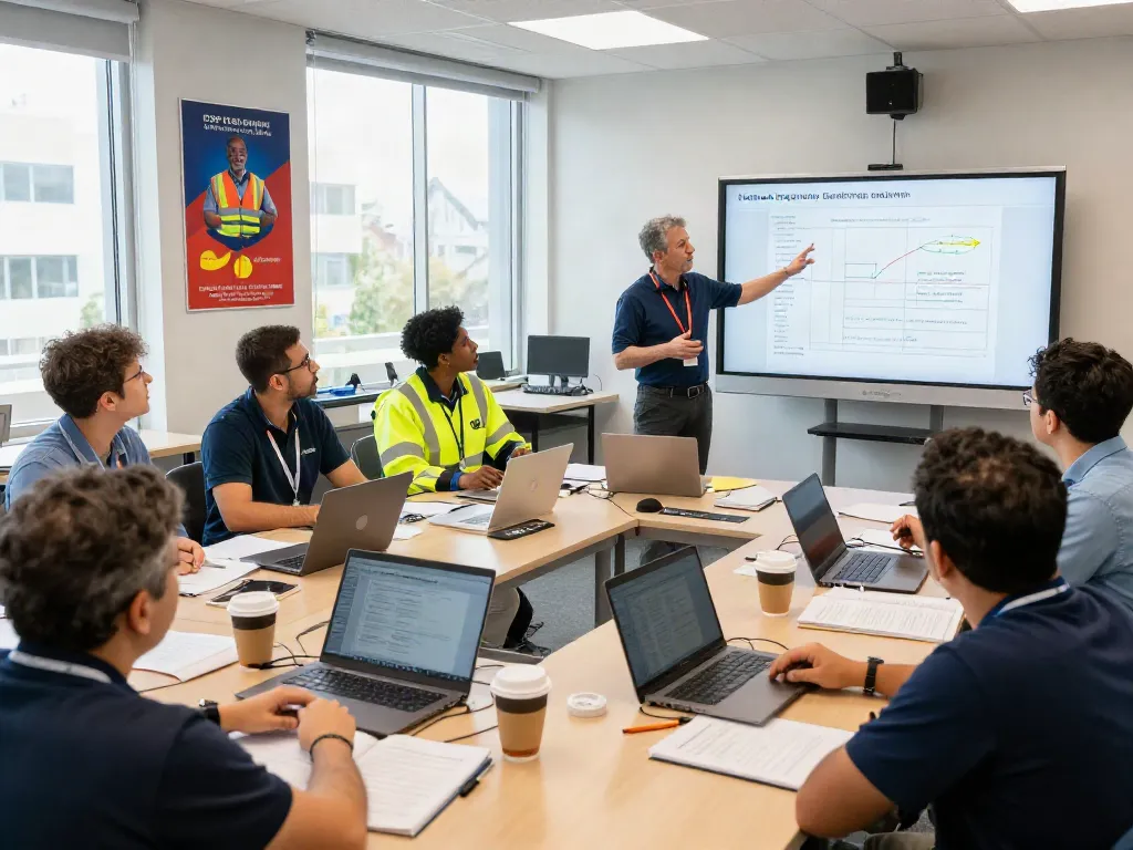 CSP Certification training session with engaged participants and an instructor presenting safety concepts in a well-lit classroom.