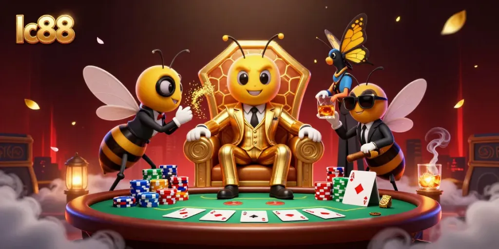 Experience thrilling poker action with lc88's dynamic casino scene featuring cartoon characters and rich details.