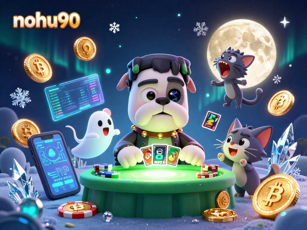 Experience the excitement of nohu90 with a cartoon bulldog dealer and spooky elements in a casino-themed scene.