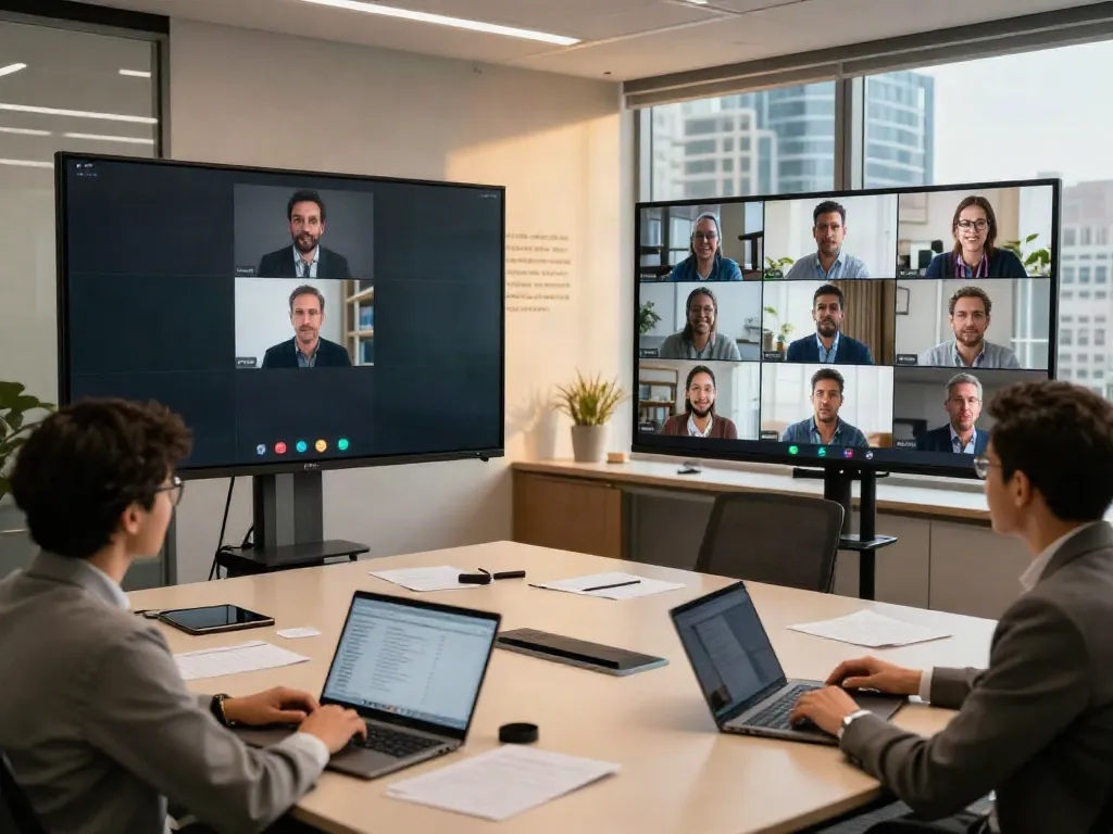 Deepfake protected Online Video Calls, Meetings and Conferencing in a modern video conferencing room with diverse team members.