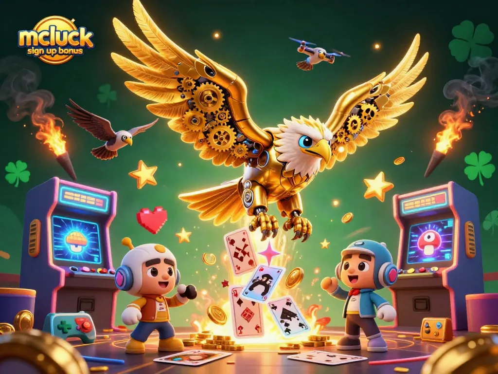Experience the excitement of the mcluck sign up bonus with a vibrant 3D illustration of gaming elements and a golden eagle.