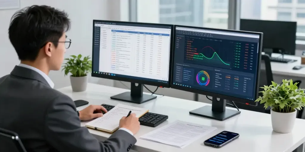 Investigating crypto fraud with advanced technology in a professional office.