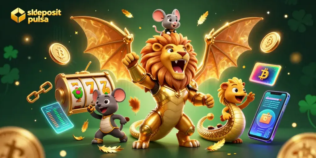 Engage in thrilling slot deposit pulsa gaming with a victorious chimera and a brave mouse jockey in a vibrant 3D scene.