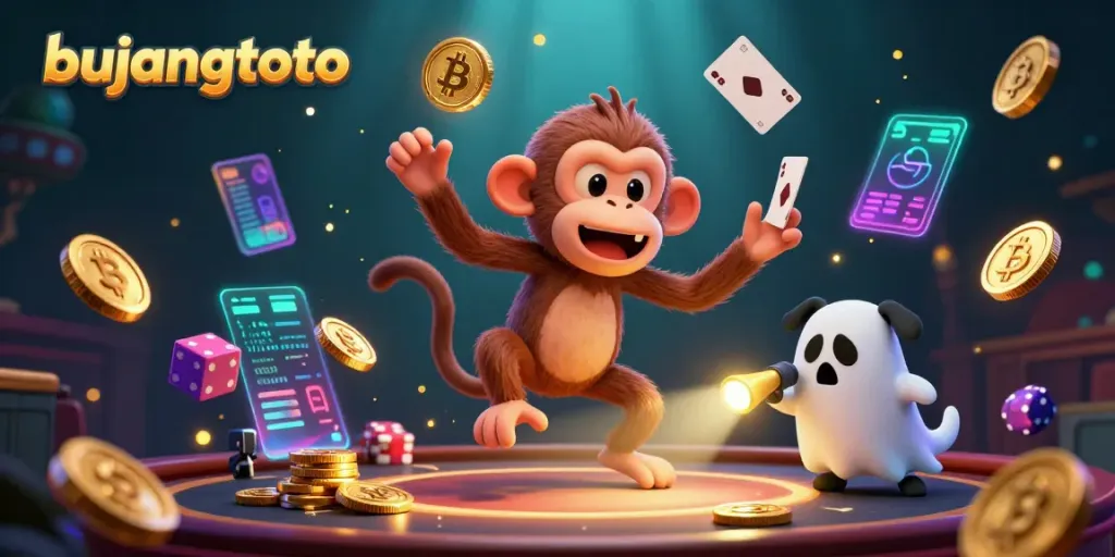 Engage in thrilling gameplay with bujangtoto, where a playful poltergeist monkey juggles golden treasures in a haunted casino.