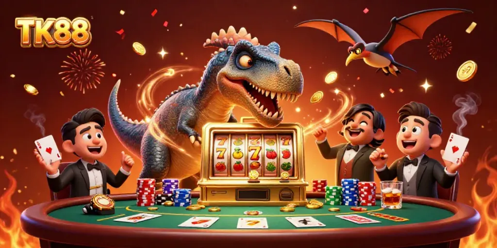 TK88 animated illustration of a pachycephalosaurus and friends interacting in a dynamic casino scene, celebrating a jackpot.