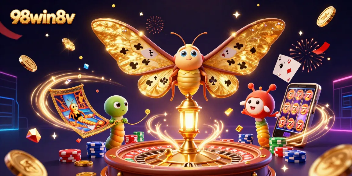 Experience the thrill of 98win8v with vibrant casino elements and golden moths in a dazzling digital scene.