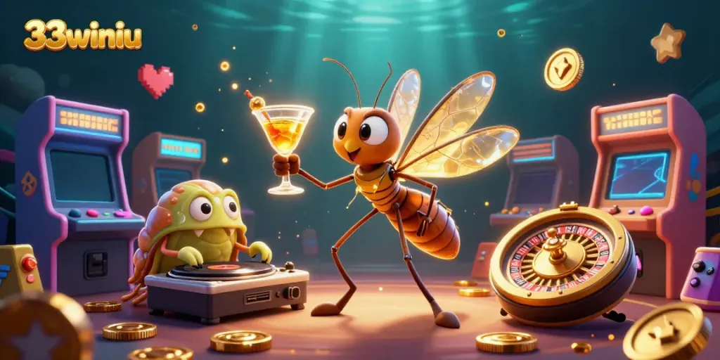 Experience thrill at 33winiu casino with a lively 3D cartoon scene of playful characters.