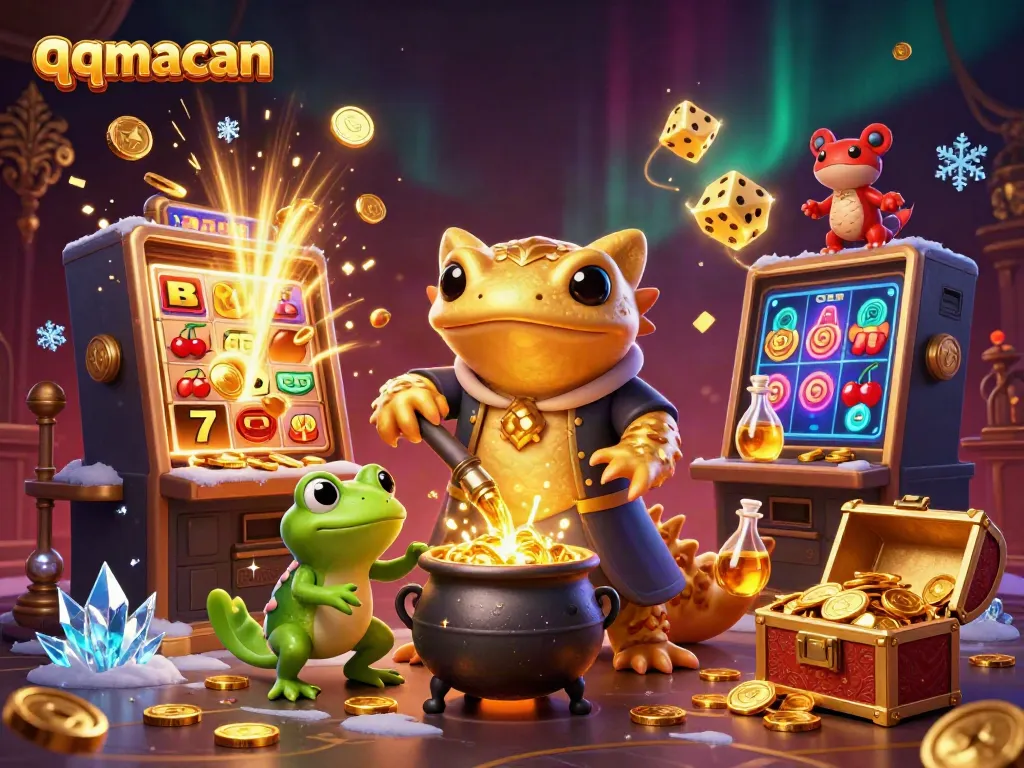 Spin and win with qqmacan’s enchanting game world filled with golden treasures and vibrant casino elements.