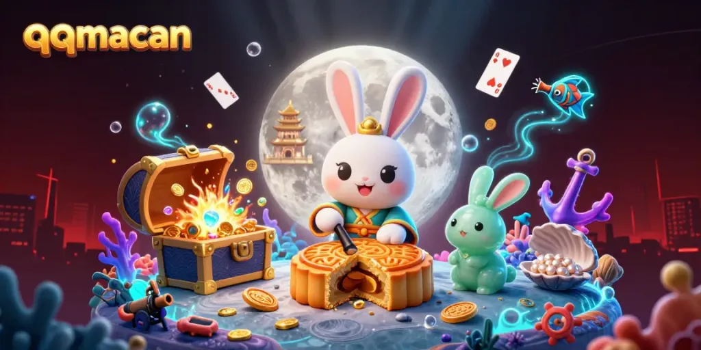 Experience thrilling gaming with qqmacan as the moon rabbit uncovers poker chips in a vibrant, colorful scene.