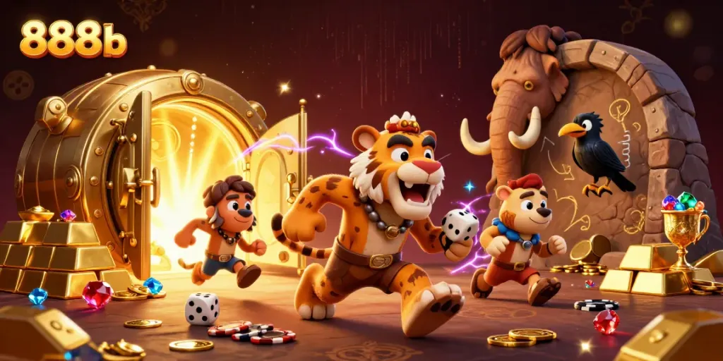 Experience thrilling wins at 888b with a vibrant prehistoric casino scene full of excitement.