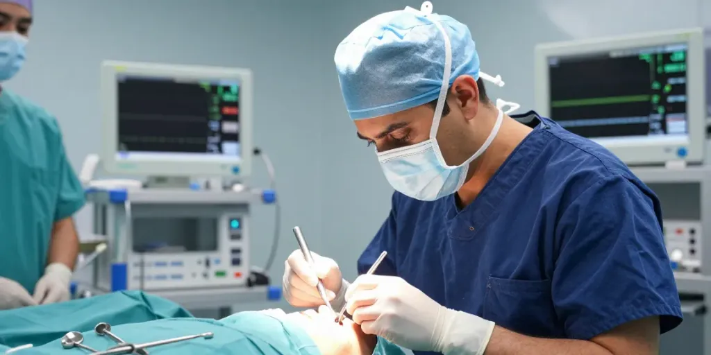 Dr. Zahi Abou Chacra performing rhinoplasty surgery with advanced instruments in a modern operating room.