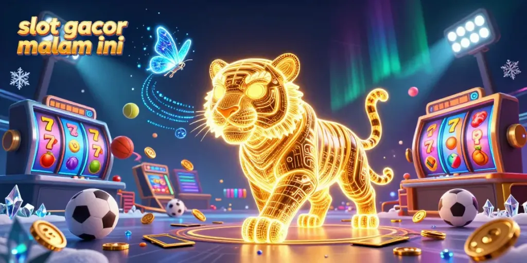 Experience thrilling slot gacor malam ini action with vibrant slot reels and a golden tiger in a dynamic casino