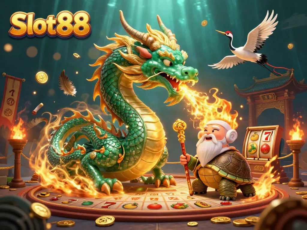 Engage with Slot 88 in a vibrant, dynamic 3D scene featuring a jade dragon and wise turtle surrounded by slot elements.