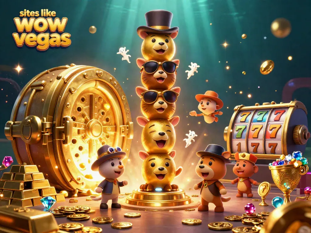 Experience the excitement of sites like wow vegas with vibrant casino-themed 3D illustration showcasing games and treasures.