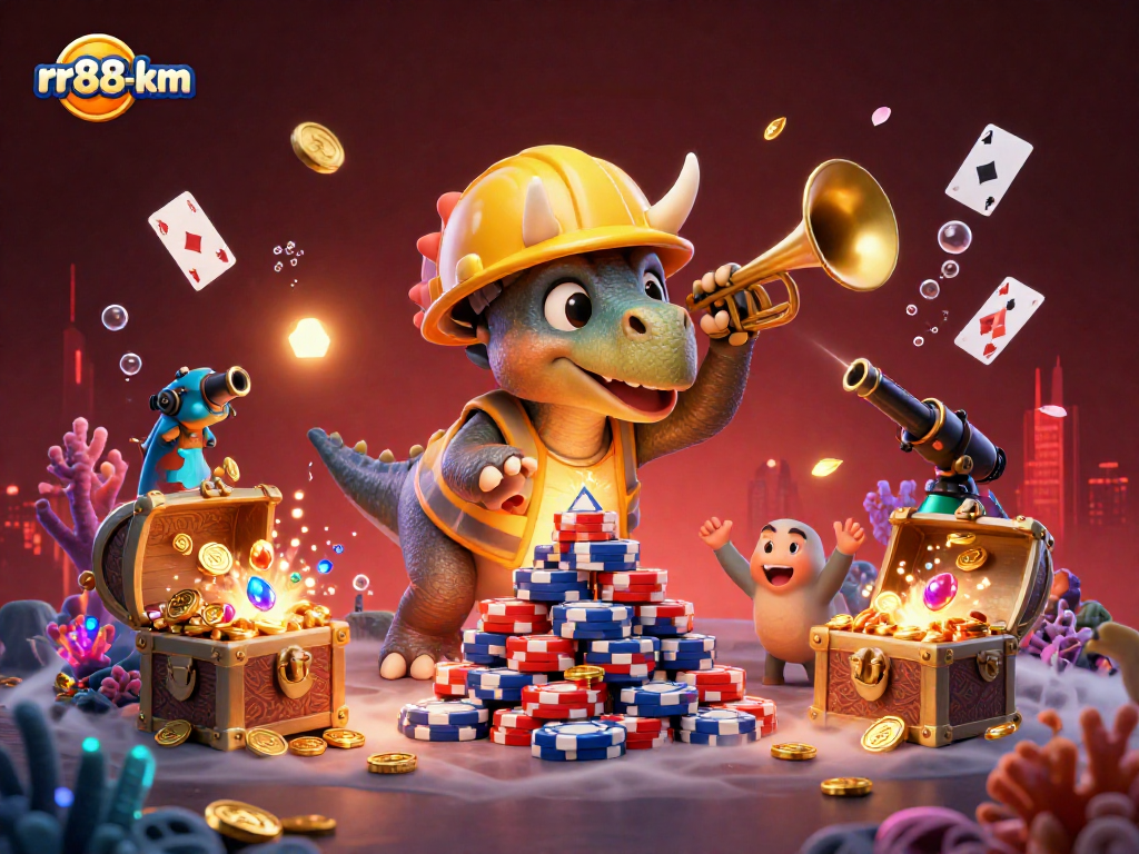 Exciting scene showcasing rr88-km with a triceratops building poker chips while underwater treasures burst with gems.