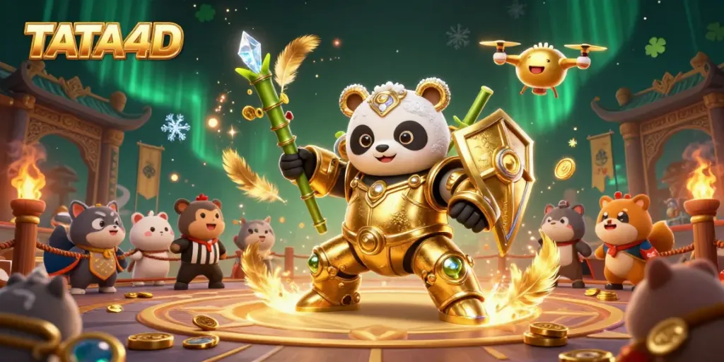 Engage with captivating TATA4D gaming experience featuring a dynamic mech battle in a vibrant casino arena.