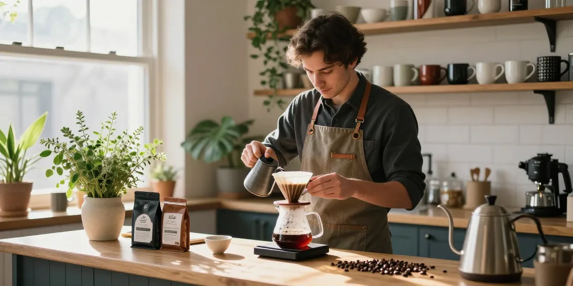 Brewing pour-over coffee with Ebb reusable filters in a bright kitchen at www.ebbfilter.com.