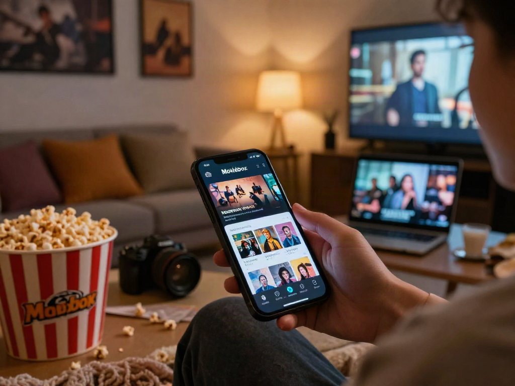 Enjoying the Moviebox app on a smartphone in a cozy living room.
