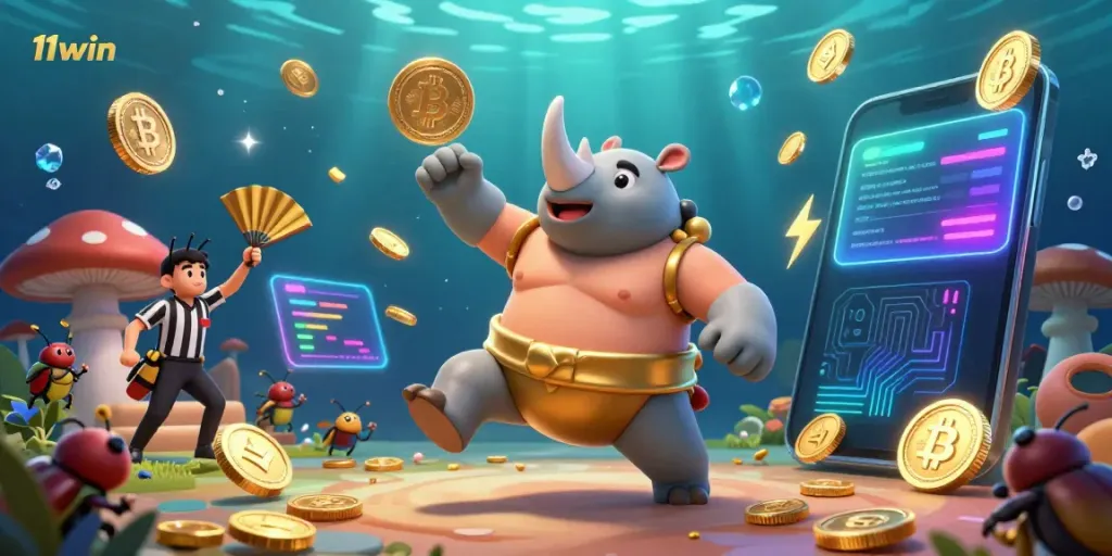Experience exhilarating gameplay with 11win's engaging casino scene featuring vibrant 3D characters and glow.