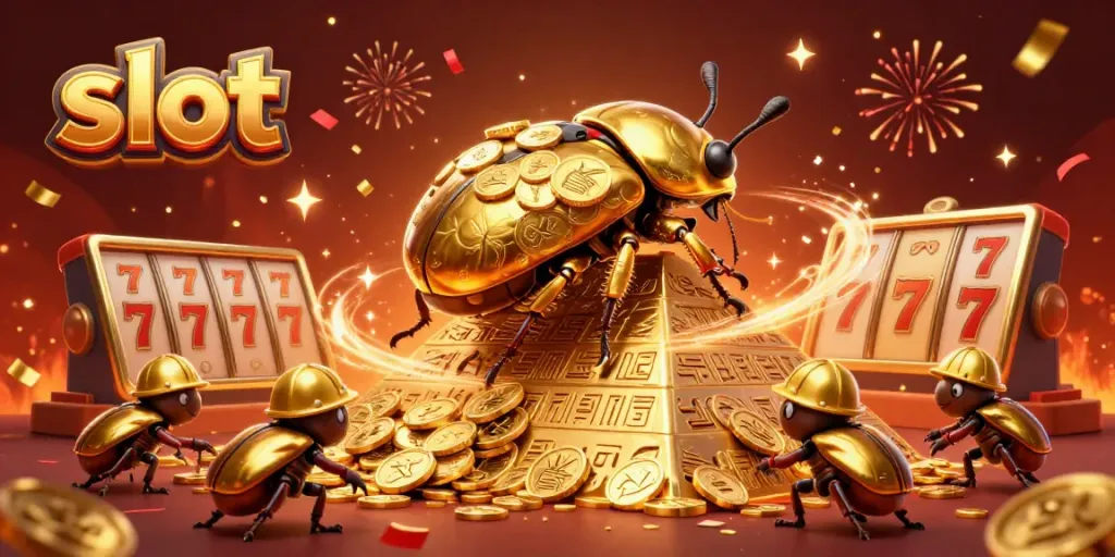 Engage in thrilling slot gameplay with golden beetles and dynamic casino elements.