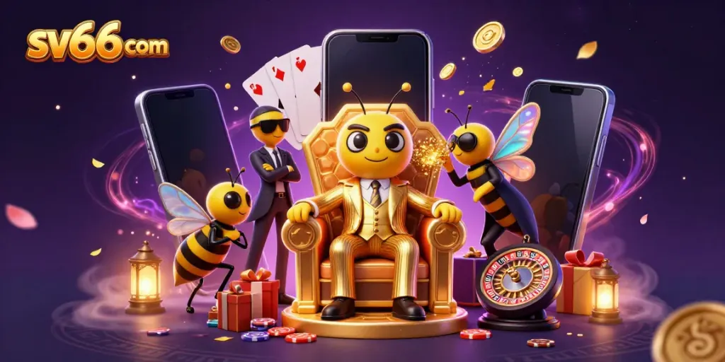 Engage in thrilling games at sv66 com with a vibrant 3D casino scene showcasing the bumblebee mob boss and exciting elements.
