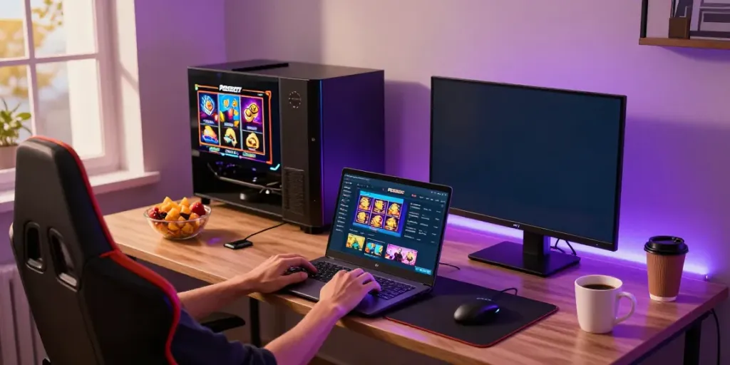 Engaging PESGSLOT gaming scene with vibrant desktop setup and user interaction.