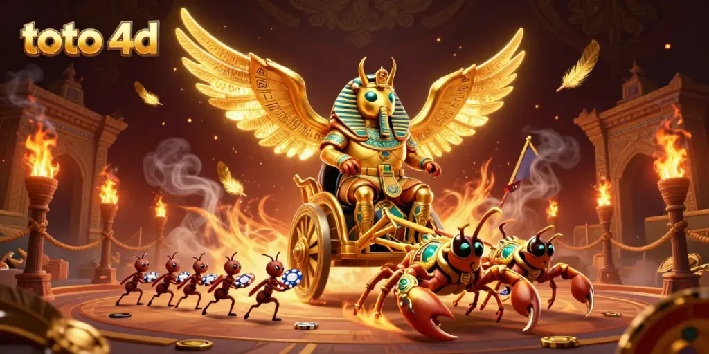 Exciting scene showcasing the toto 4d with a colossal golden scarab beetle and gambling elements.