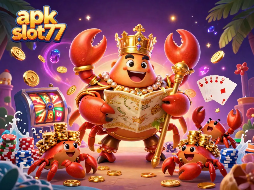 Gandakan kesempatan menang dengan apk slot77 sambil dikelilingi koin emas dan karakter kasino yang menarik.