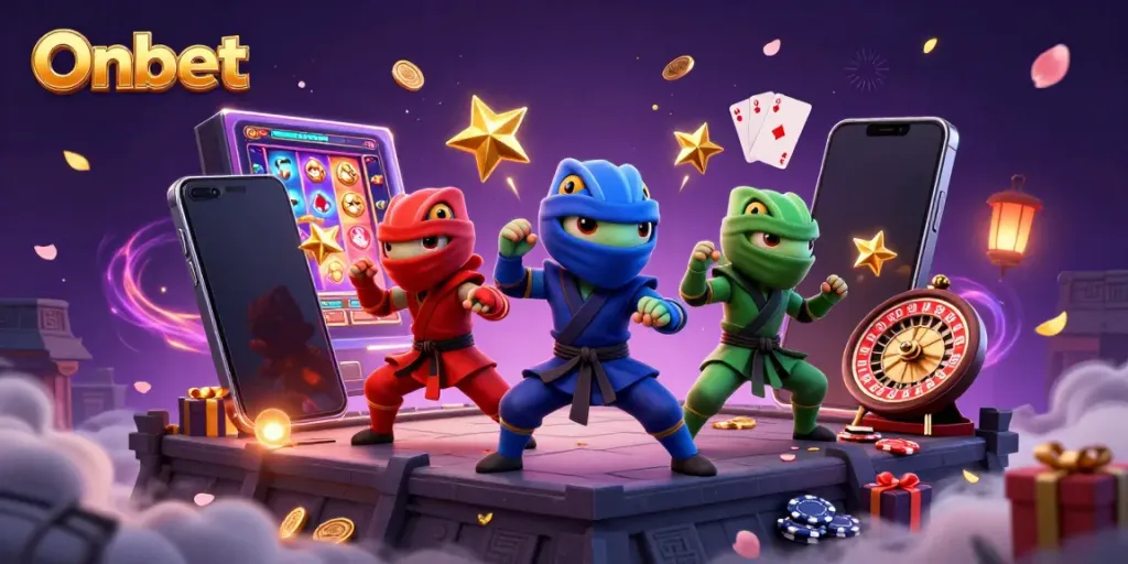 Engage with Onbet's thrilling experience featuring ninja chameleons surrounded by casino games.