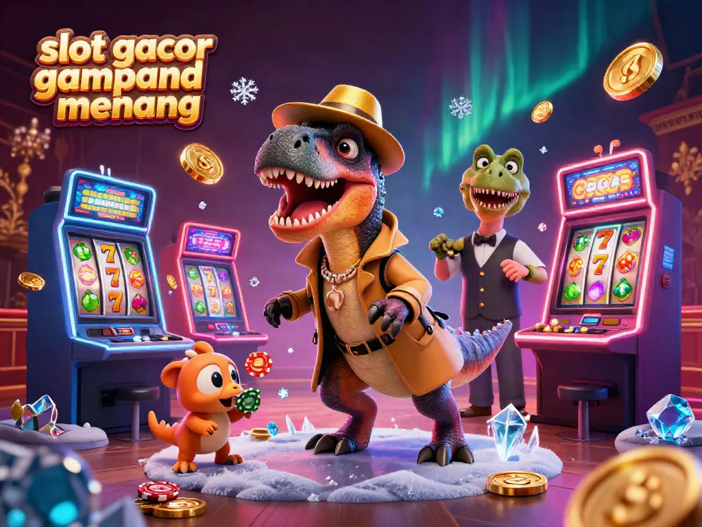 Engage in the thrilling world of slot gacor gampang menang with a playful 3D velociraptor and busy casino scene.