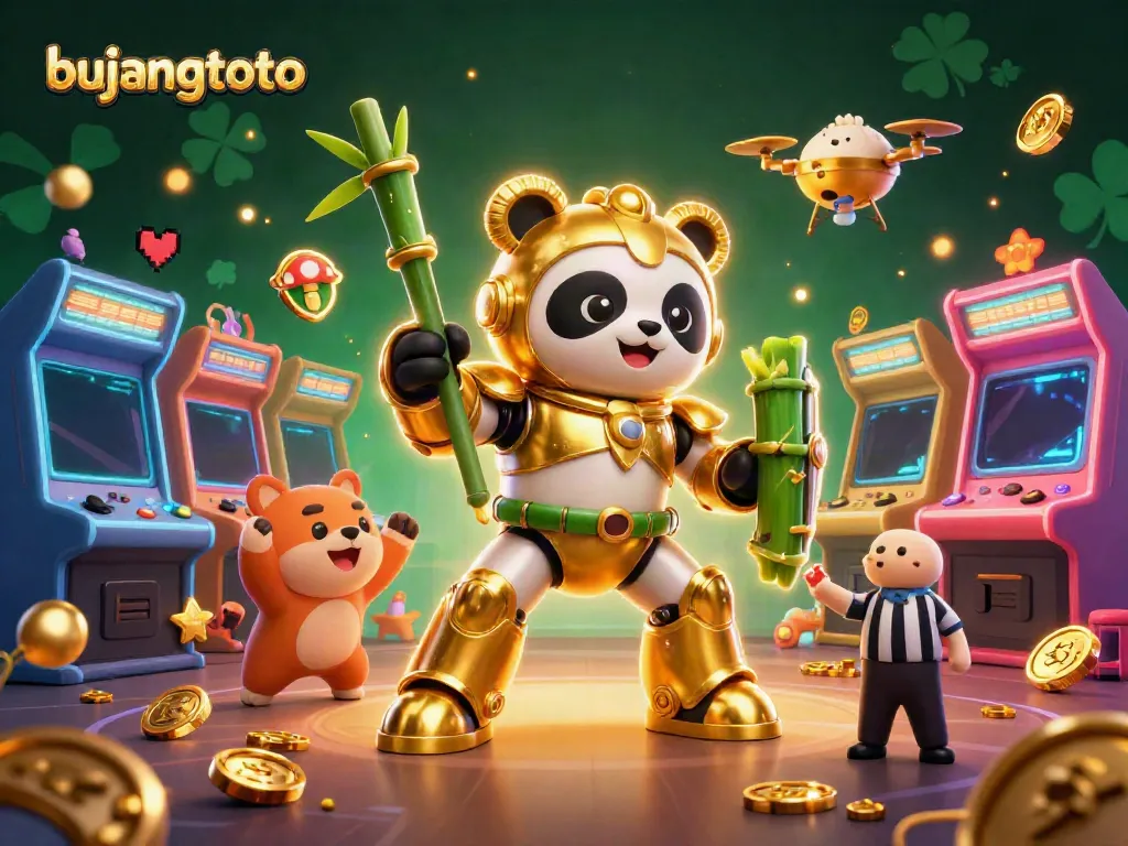 Bujangtoto's dynamic casino scene with a mech-suit panda and gaming machines, showcasing vibrant action.