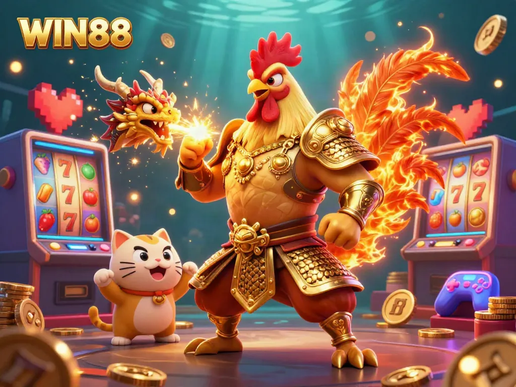 Experience thrilling slot action with WIN88's vibrant characters in a stunning 3D casino scene.