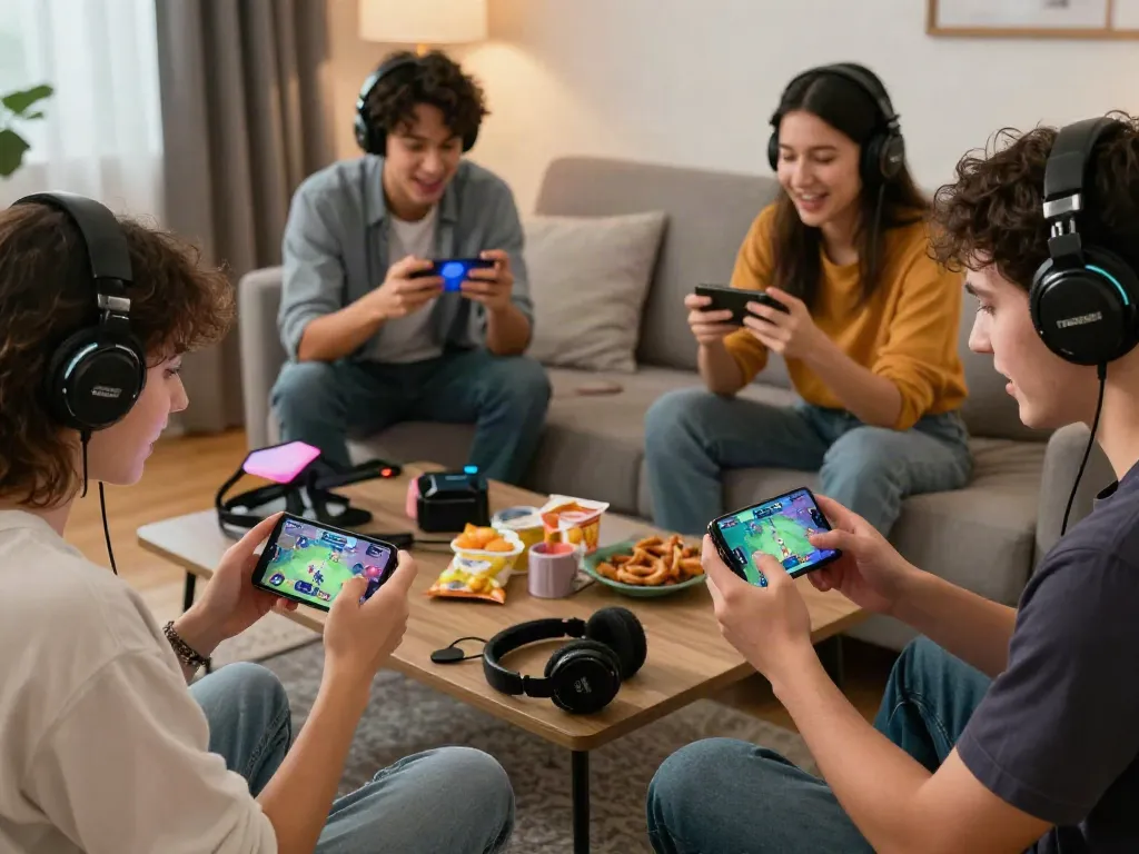 Pengguna RUSUNTOTO bermain game slot di ruang tamu modern, dikelilingi teman dan aksesori gaming.